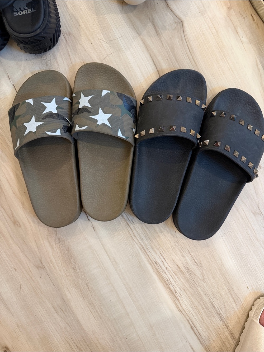 Valentino Olive Green Star Camo Slide Sandals & Black Rockstud Slide Sandals